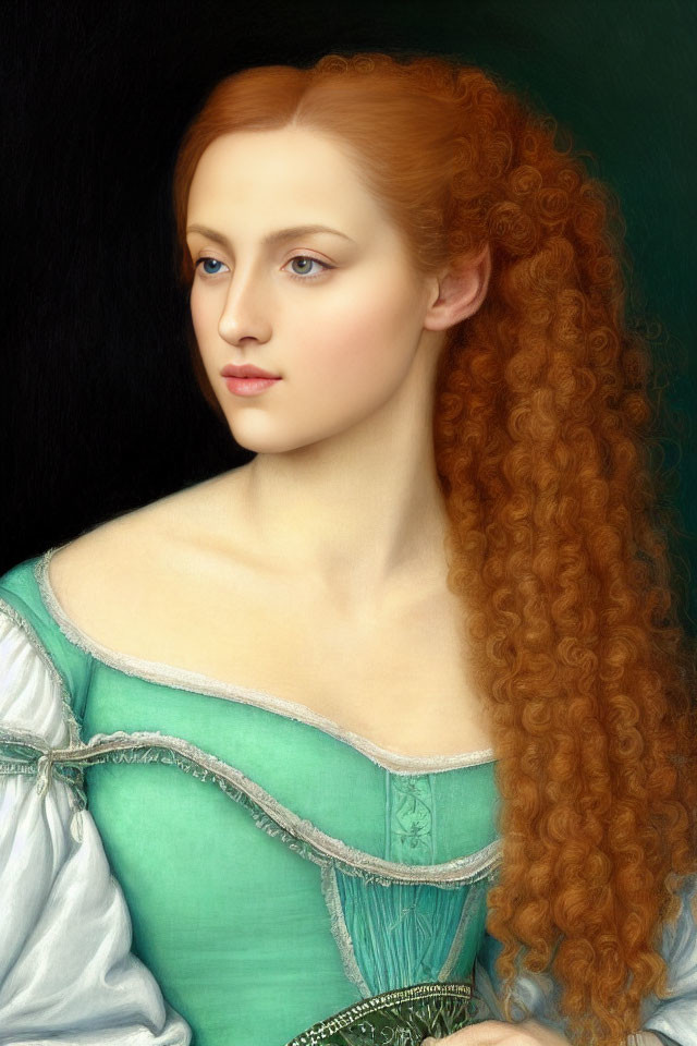 Portrait of Woman with Long Curly Red Hair and Green Renaissance Dress