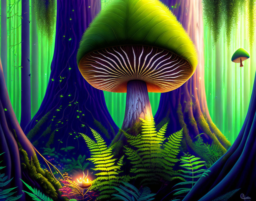 Enchanted fantasy forest with oversized luminescent mushroom