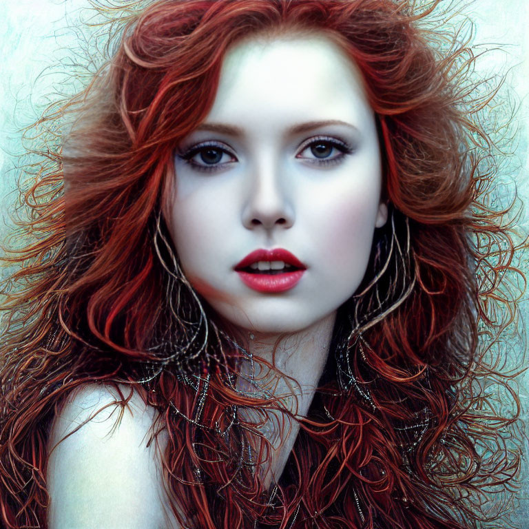 Voluminous Red Hair, Striking Blue Eyes, Red Lipstick & Large Earrings