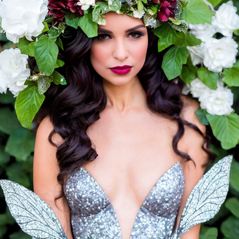 Woman with Floral Crown and Fairy Wings Among White Flowers