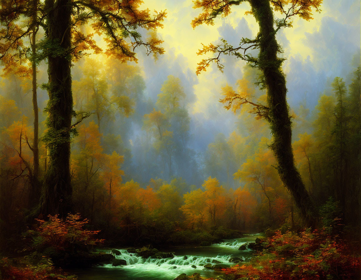 Tranquil forest landscape with autumn foliage, mist, stream, and sunbeams