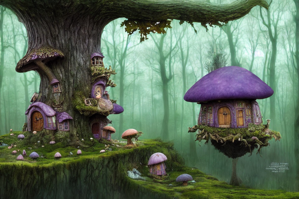 Whimsical Mushroom Houses in Enchanted Forest Setting