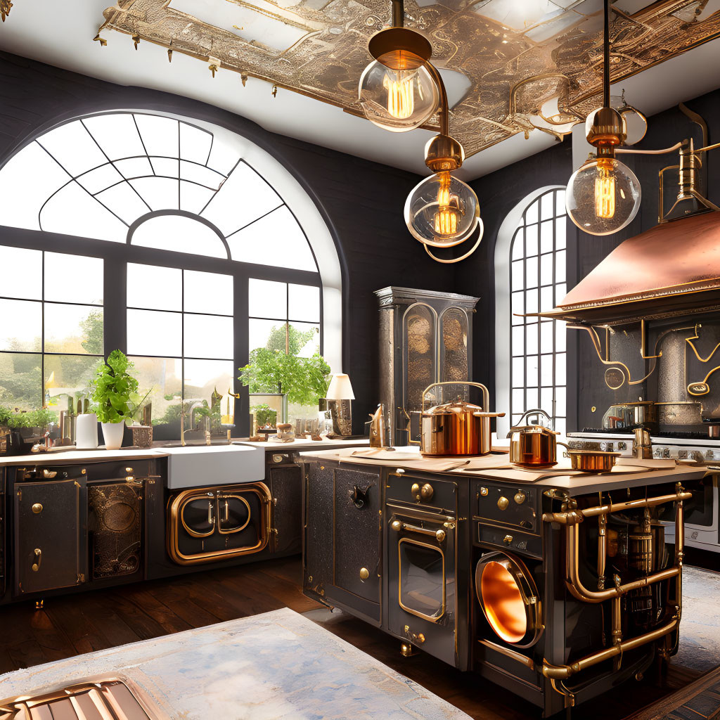 Vintage Black Cabinetry in Elegant Kitchen with Copper Accents