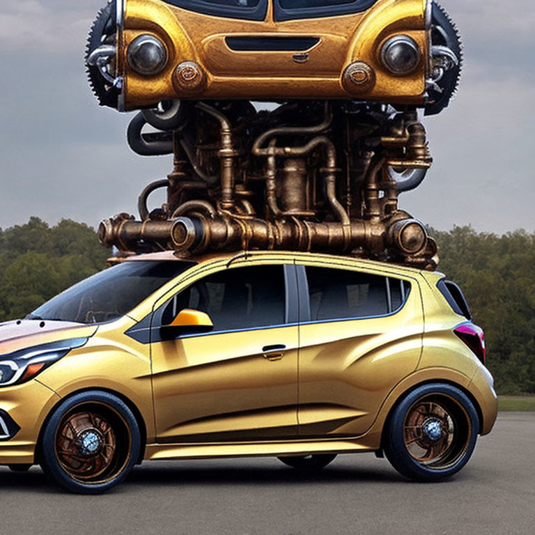 Golden Car with Intricate Mechanical Structure and Upside-Down Car atop