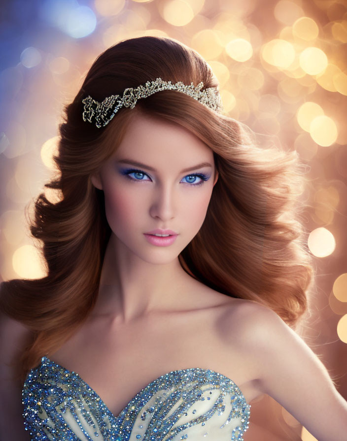 Woman with Blue Eyes and Auburn Hair in Sparkling Blue Dress