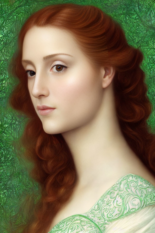 Portrait of Woman with Red Hair and Green Garment on Detailed Background