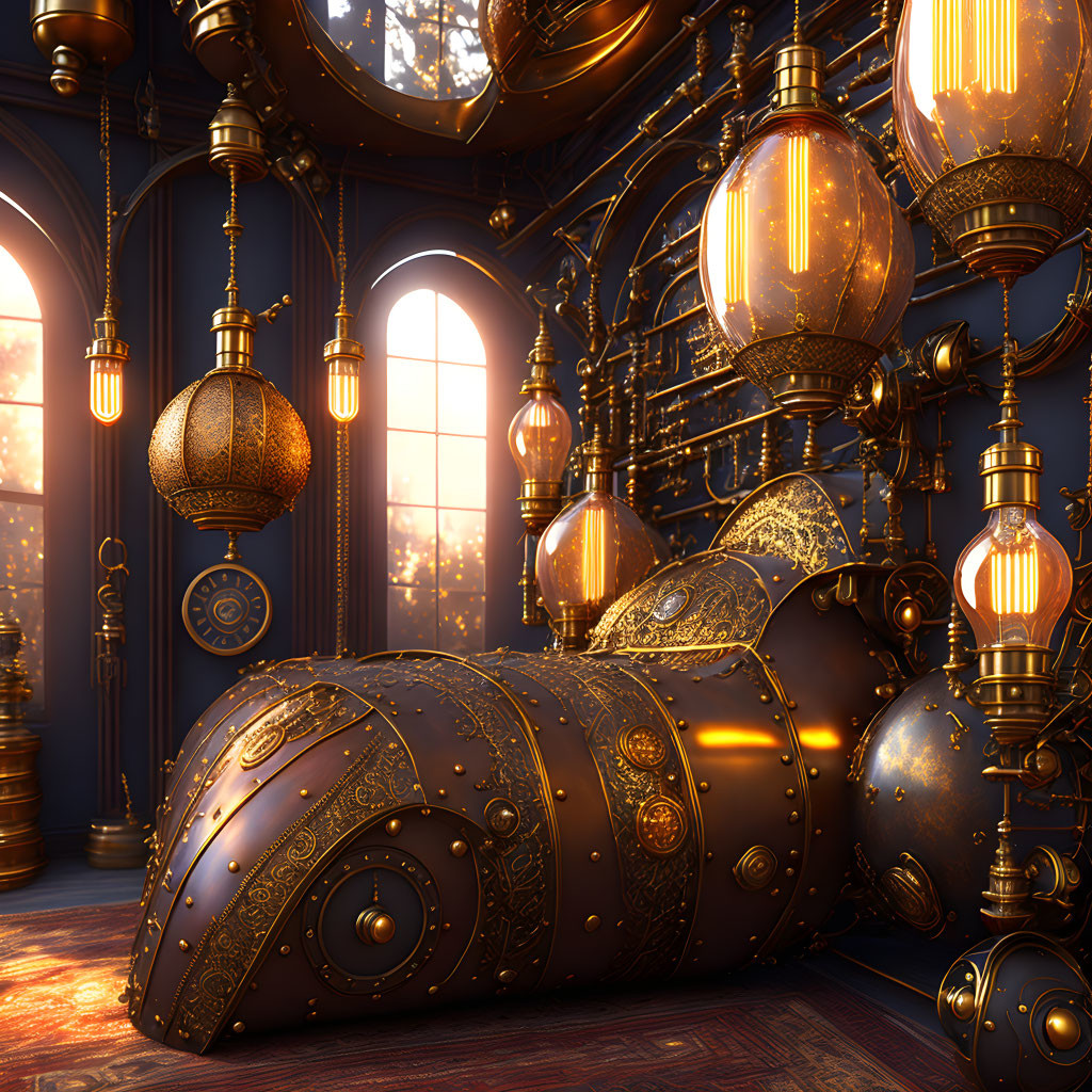 Intricate Steampunk Room with Brass Machinery and Arched Windows