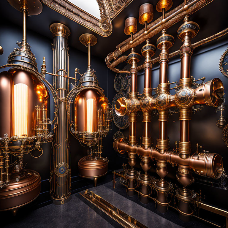 Steampunk-Inspired Room with Copper Pipes, Gauges, and Tanks