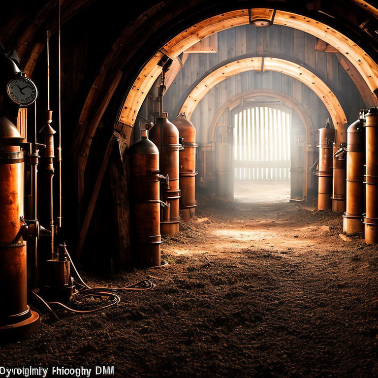 Sunlit rustic interior of wooden barrel with vintage copper distillery equipment