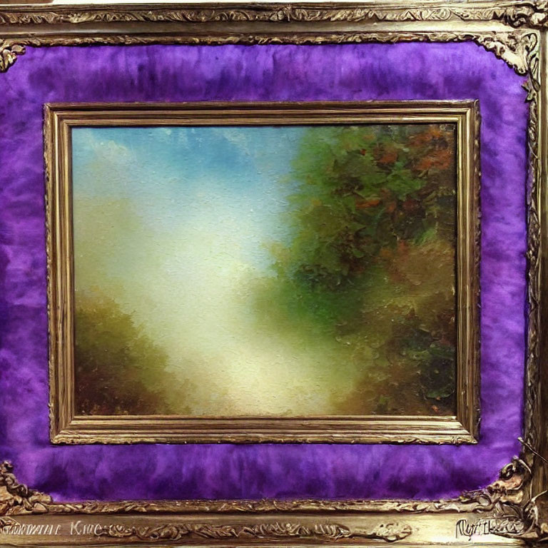 Impressionist-style Painting of Serene Landscape in Gold Frame