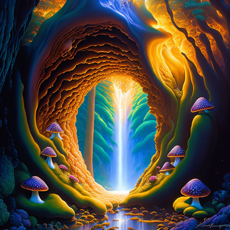 Fantasy landscape with waterfall, glowing mushrooms, and enchanted path.