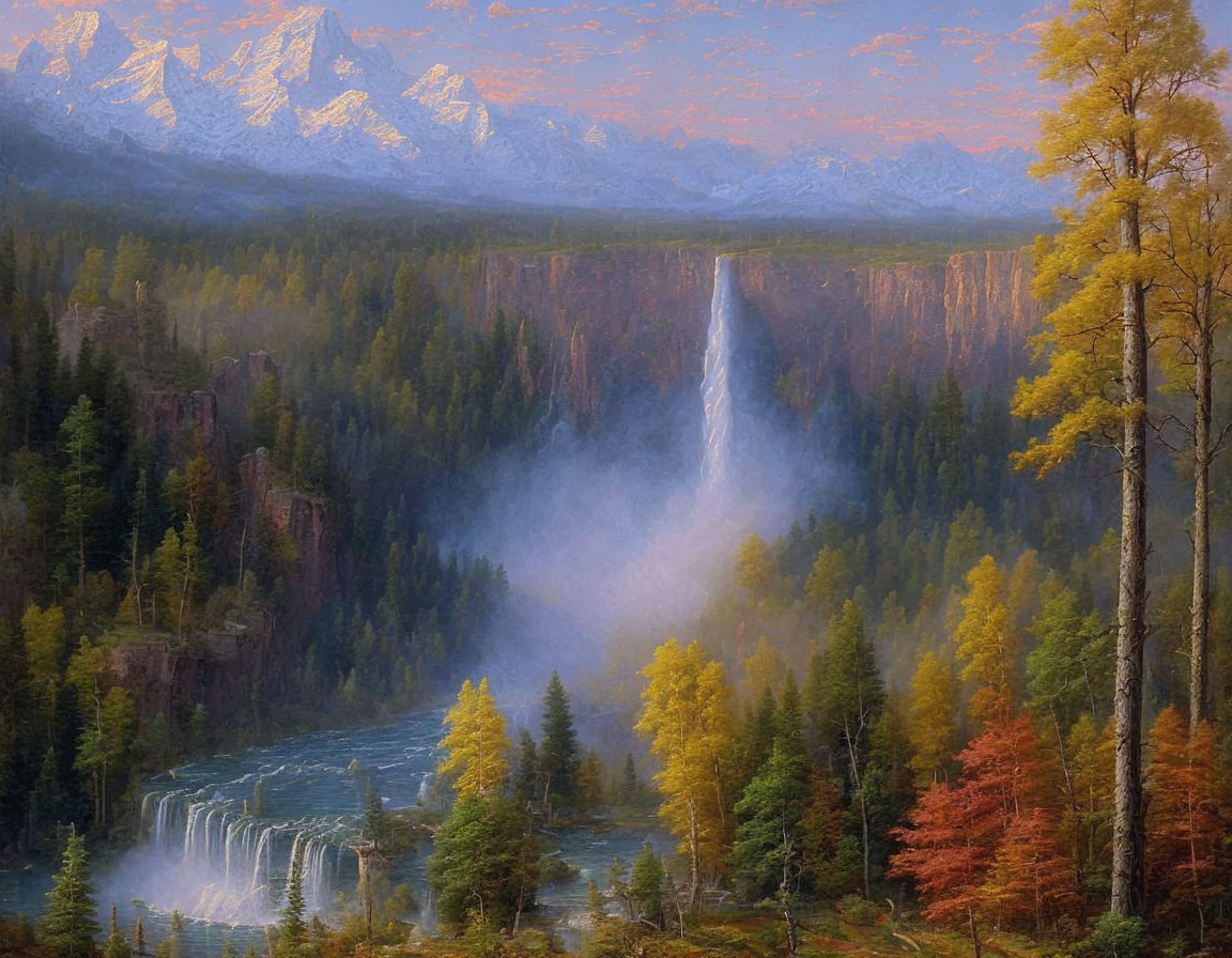 Tranquil landscape painting: waterfall, autumn forest, snow-capped mountains