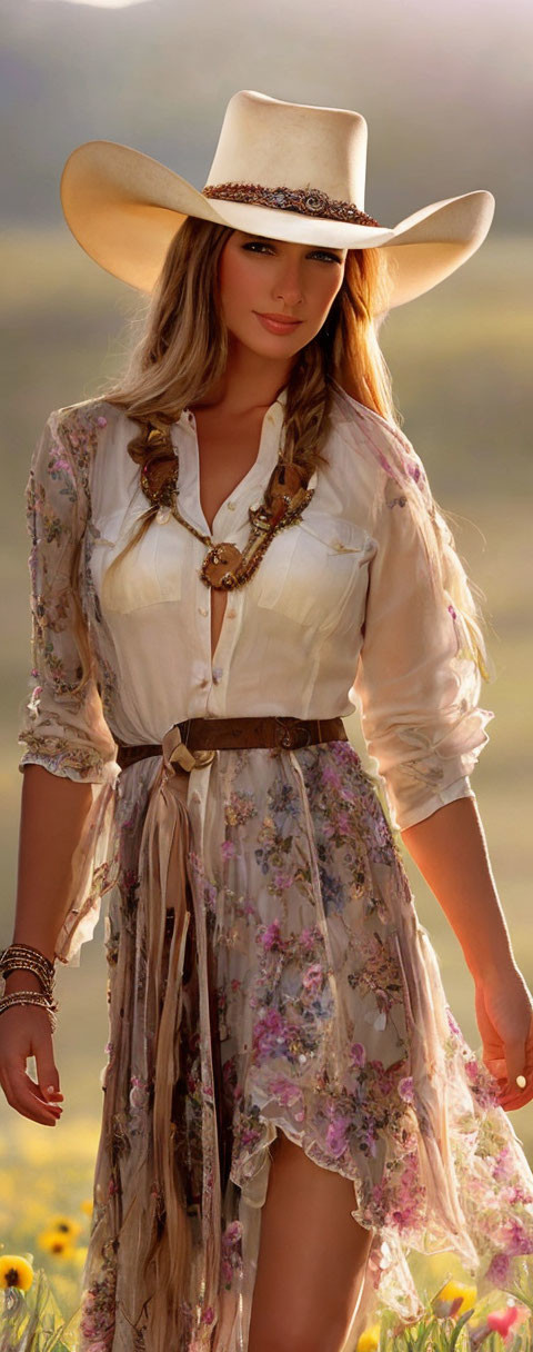 Cowboy hat woman in field under sun.