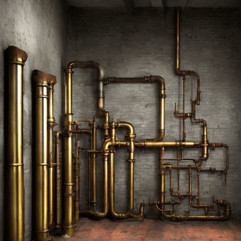 Copper pipes on brick wall in dimly lit industrial environment