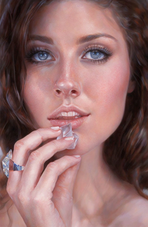 Digital painting of woman with brown curly hair and blue eyes holding crystal, focusing on facial features