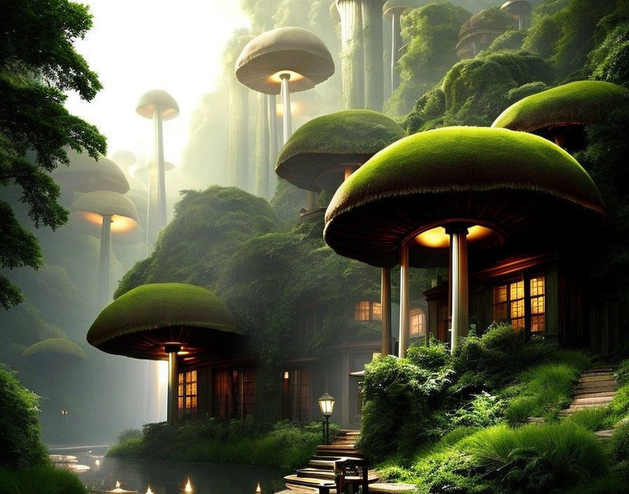 Fantasy landscape with giant mushrooms, cozy house, and tranquil river