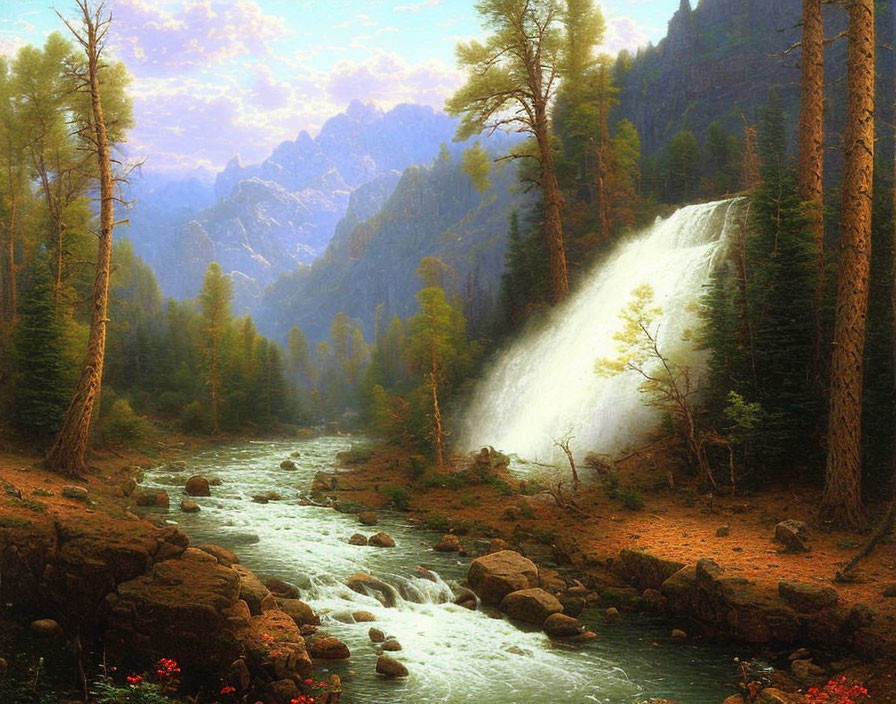 Tranquil landscape with majestic waterfall and lush trees