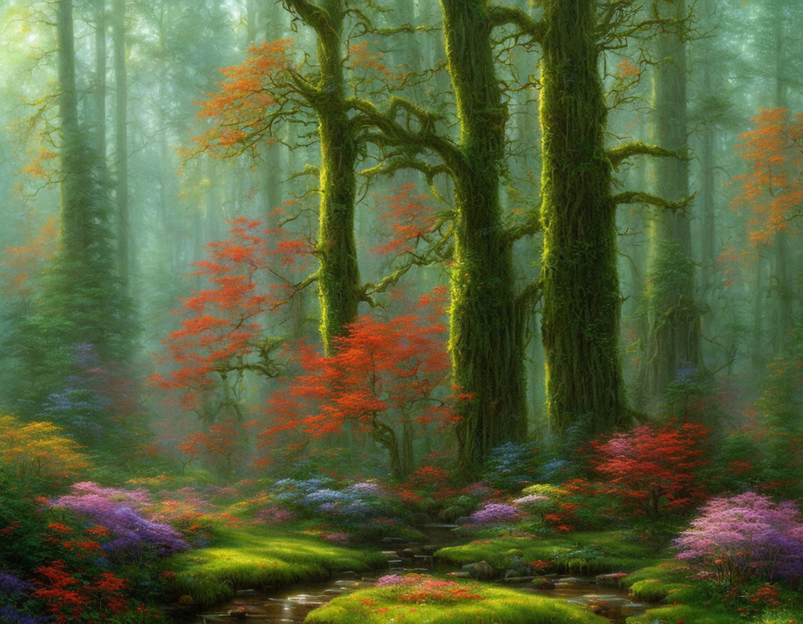 Moss-Covered Trees in Enchanting Forest with Colorful Foliage