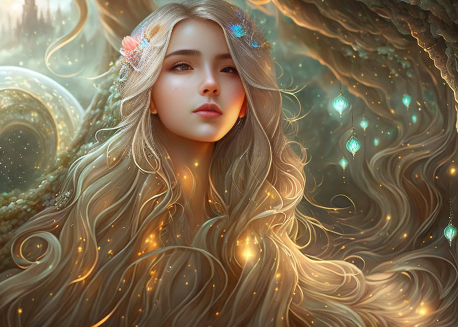 Fantasy illustration: Woman with blonde hair and floral adornments in luminous setting