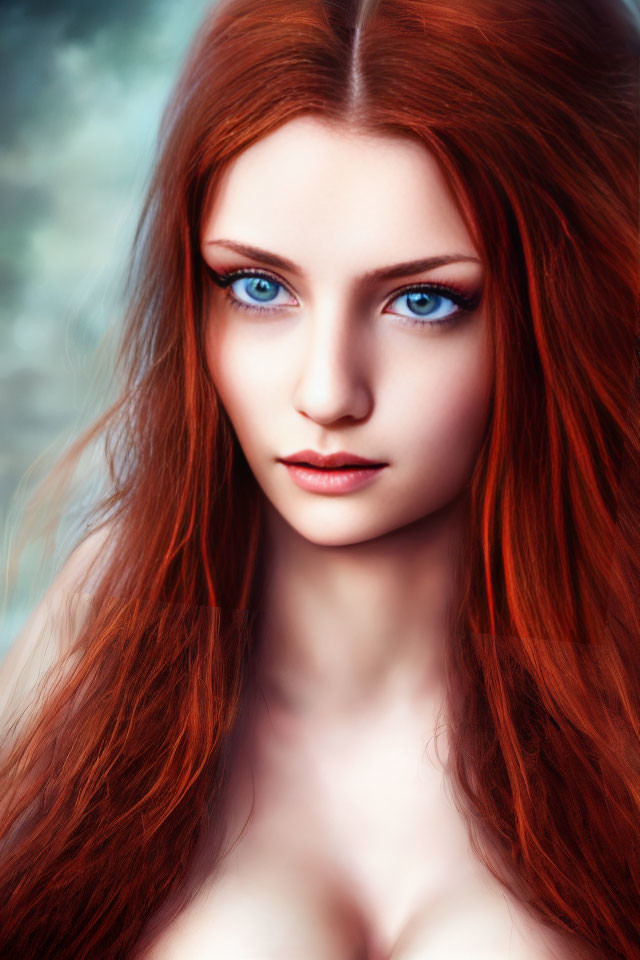 Woman with Striking Blue Eyes and Long Red Hair on Soft-Focus Background