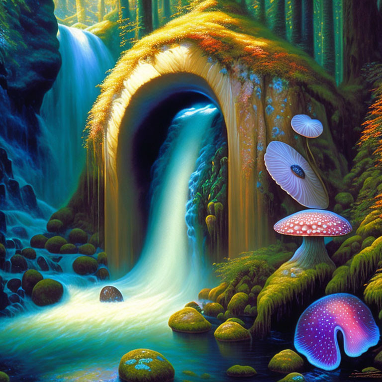 Colorful Fantasy Landscape with Waterfall and Giant Mushrooms