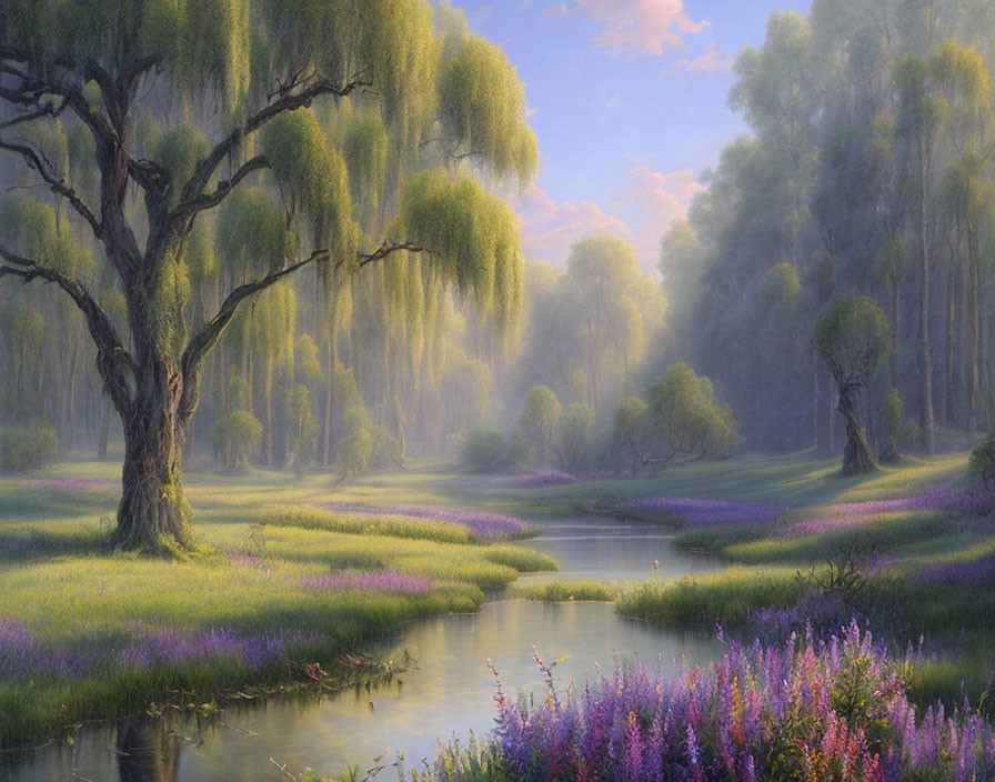 Tranquil landscape: willow tree, stream, purple fields, soft morning light