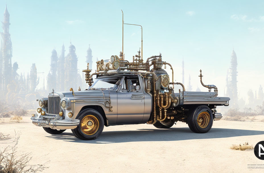 Retro-futuristic steampunk truck in desert with fantastical architecture