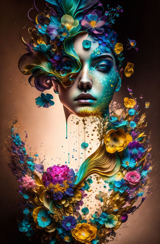 Vibrant surreal portrait of a woman with flowers and abstract elements