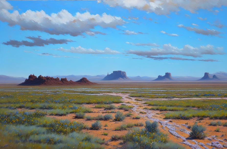 Tranquil desert landscape with buttes under blue sky