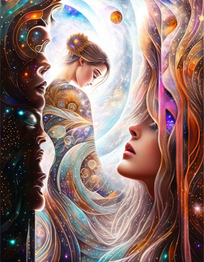 Colorful surreal artwork: Multiple women profiles merge with cosmic elements in vibrant display