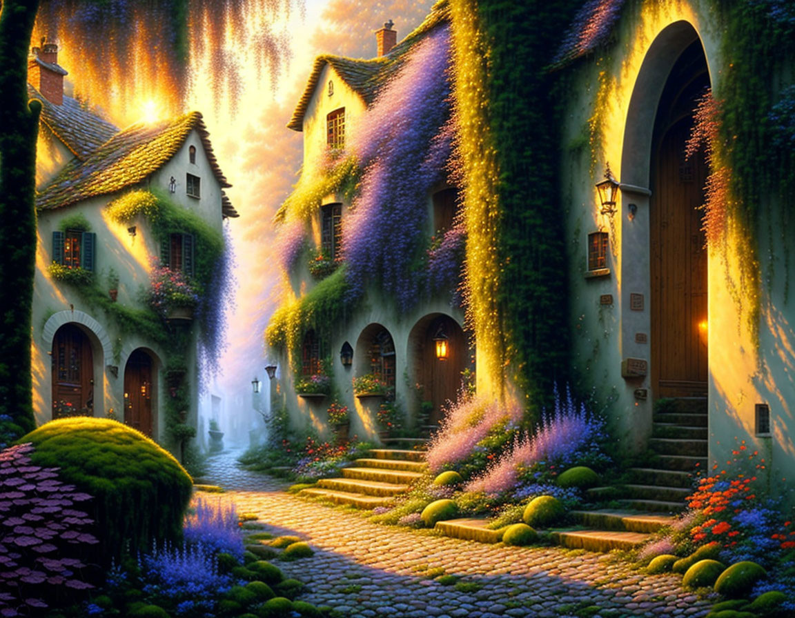 Enchanting cobblestone street with quaint cottages and vibrant flora at sunset