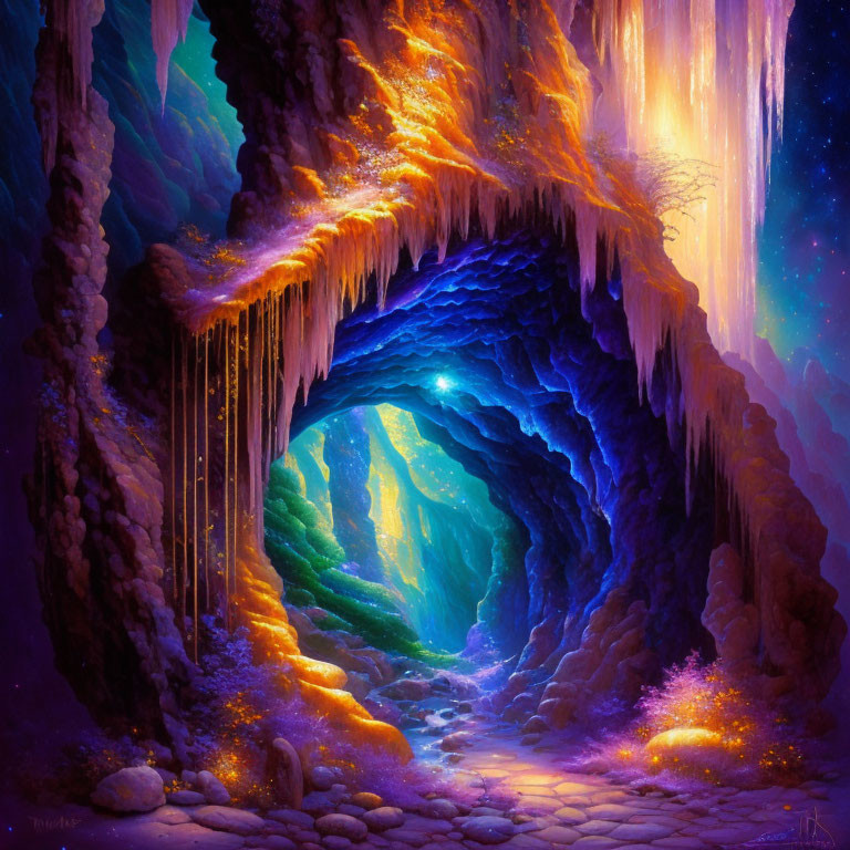 Vibrant fantasy cave with purple and gold hues, stalactites, and starry night sky