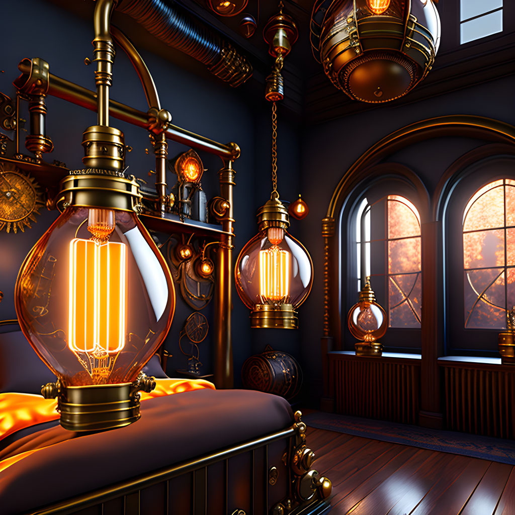 Steampunk-inspired room with oversized lightbulbs and brass piping