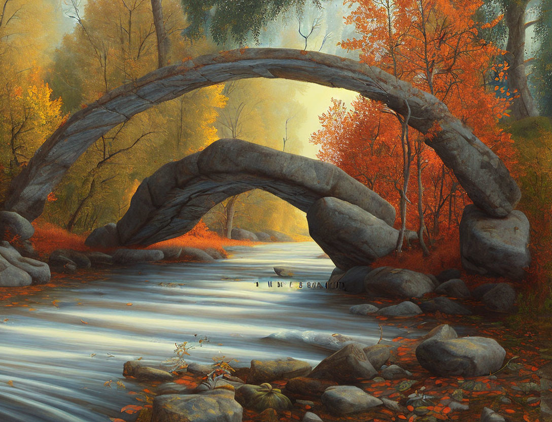 Tranquil autumn landscape with rock bridge over stream