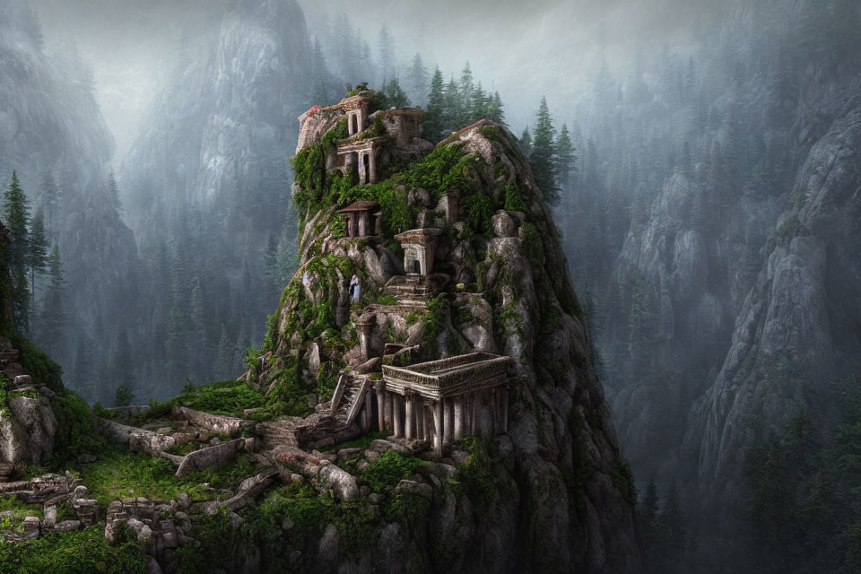 Mystical temple complex on craggy hill in foggy forest