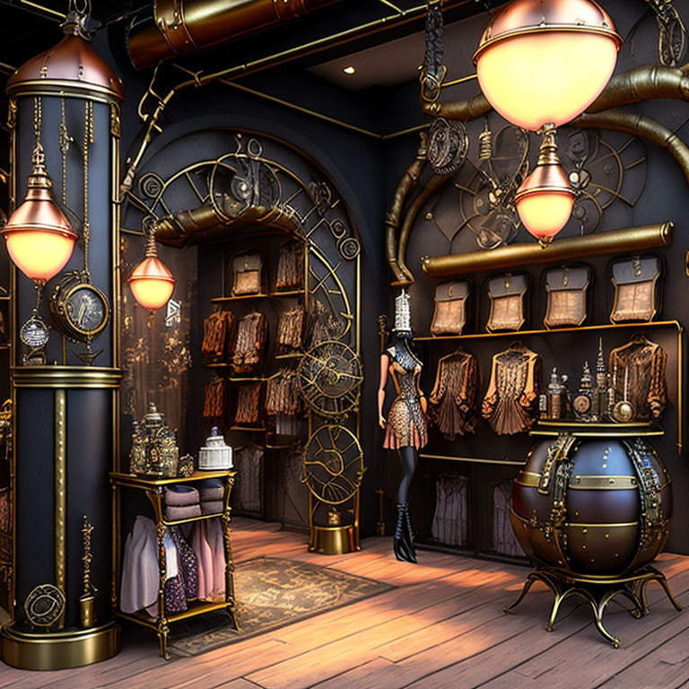 Victorian Steampunk Room with Ornate Decor and Woman in Corset