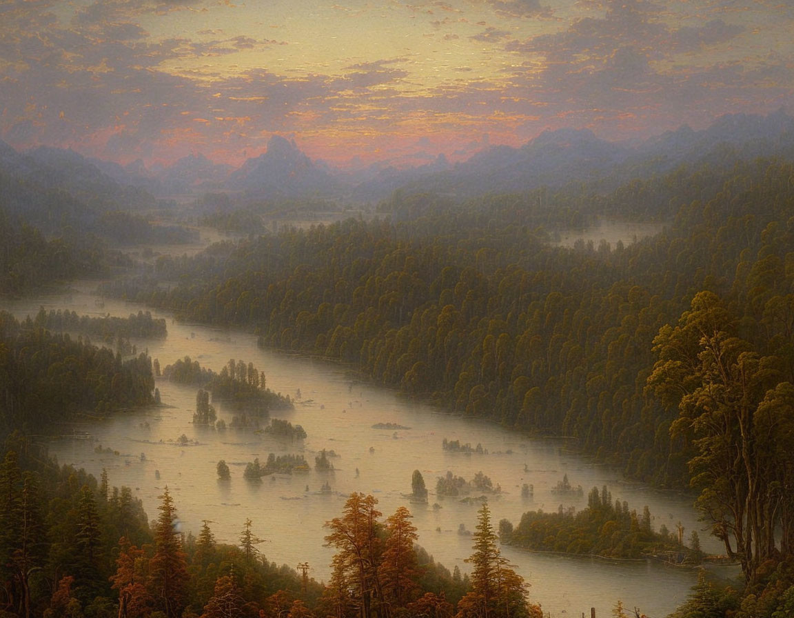 Misty river meandering through forested valley at twilight