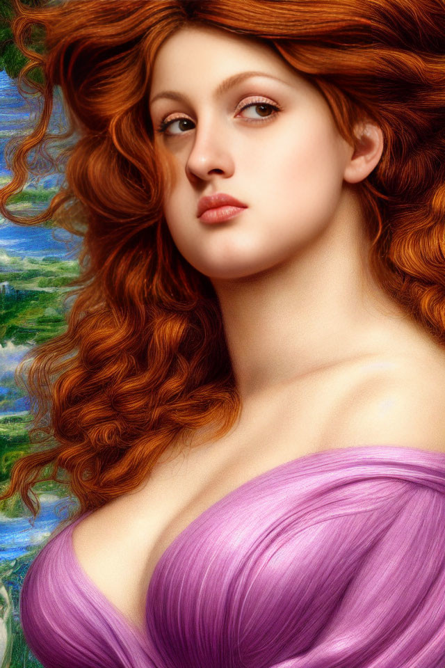 Portrait of Woman with Red Hair and Lilac Garment on Blue-Green Background