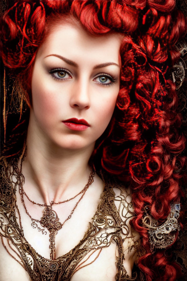 Vibrant red curly hair and blue eyes with bronze jewelry on red backdrop