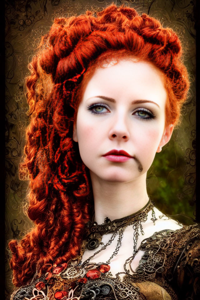 Fiery Red-Haired Woman in Vintage Brown Dress and Lace Necklace