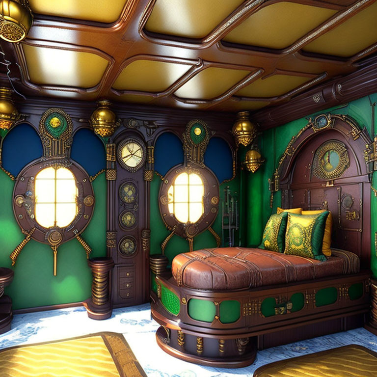 Luxurious Steampunk-Themed Interior with Brown Leather Seating