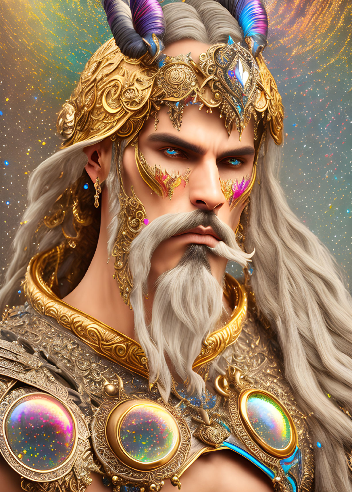 Illustrated figure in ornate golden armor with iridescent gemstones.