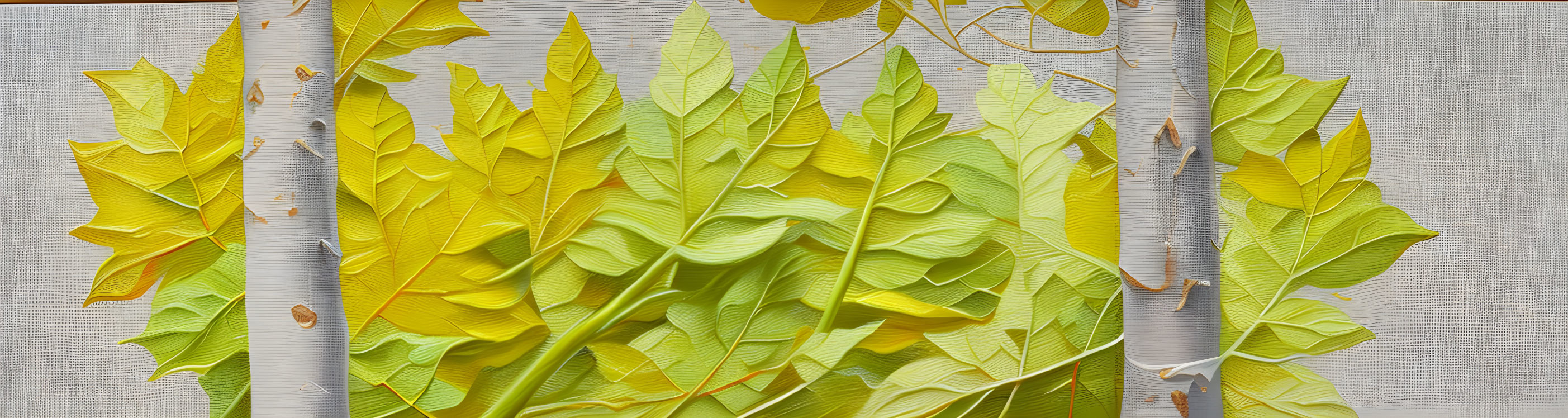 Textured artwork: Yellow and green leaves on ribbed white background