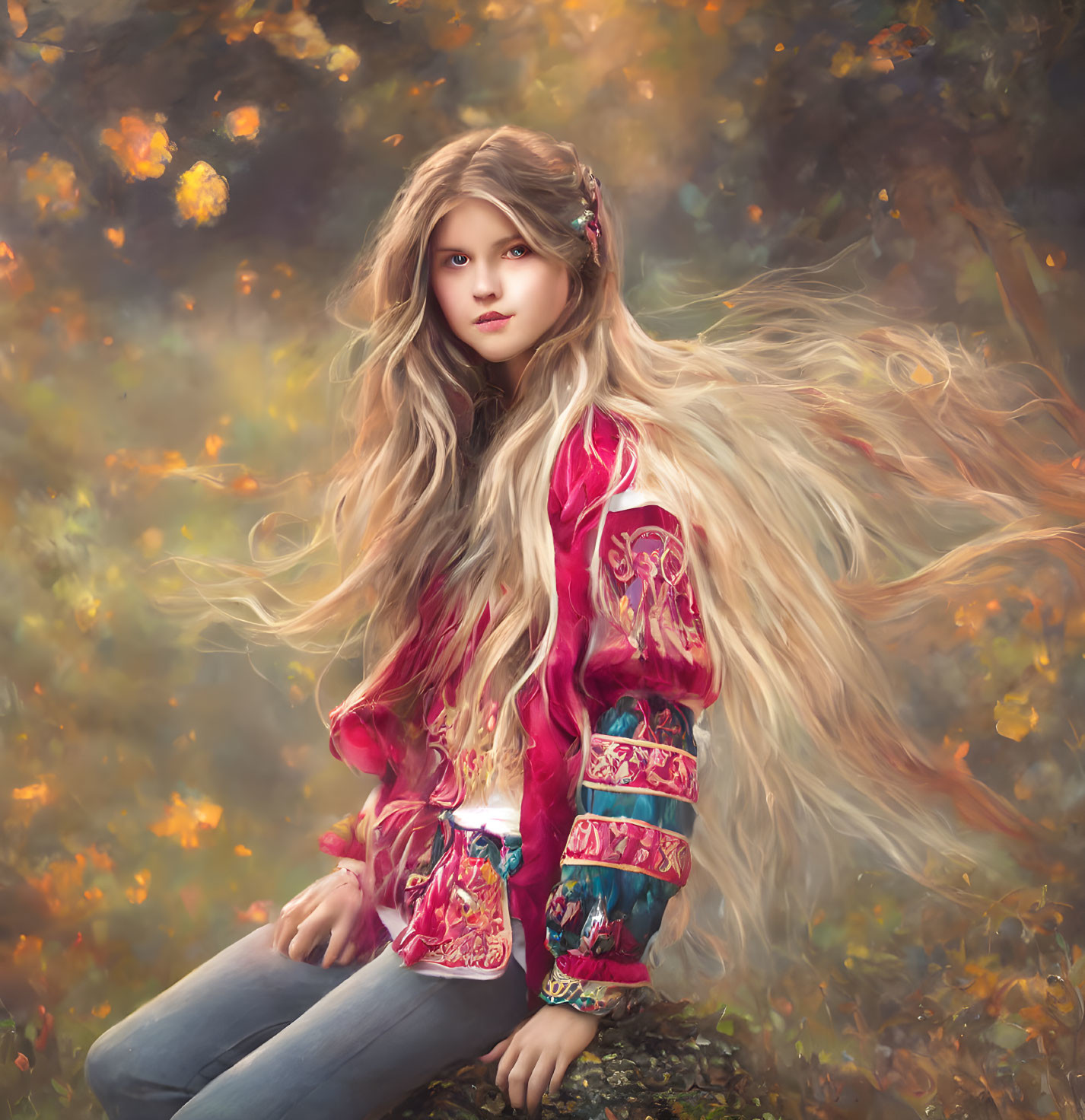 Young woman with long hair in embroidered jacket among autumn leaves