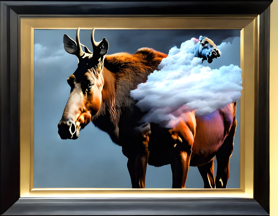 Surreal framed artwork: Moose with clouds and airplane on dark backdrop