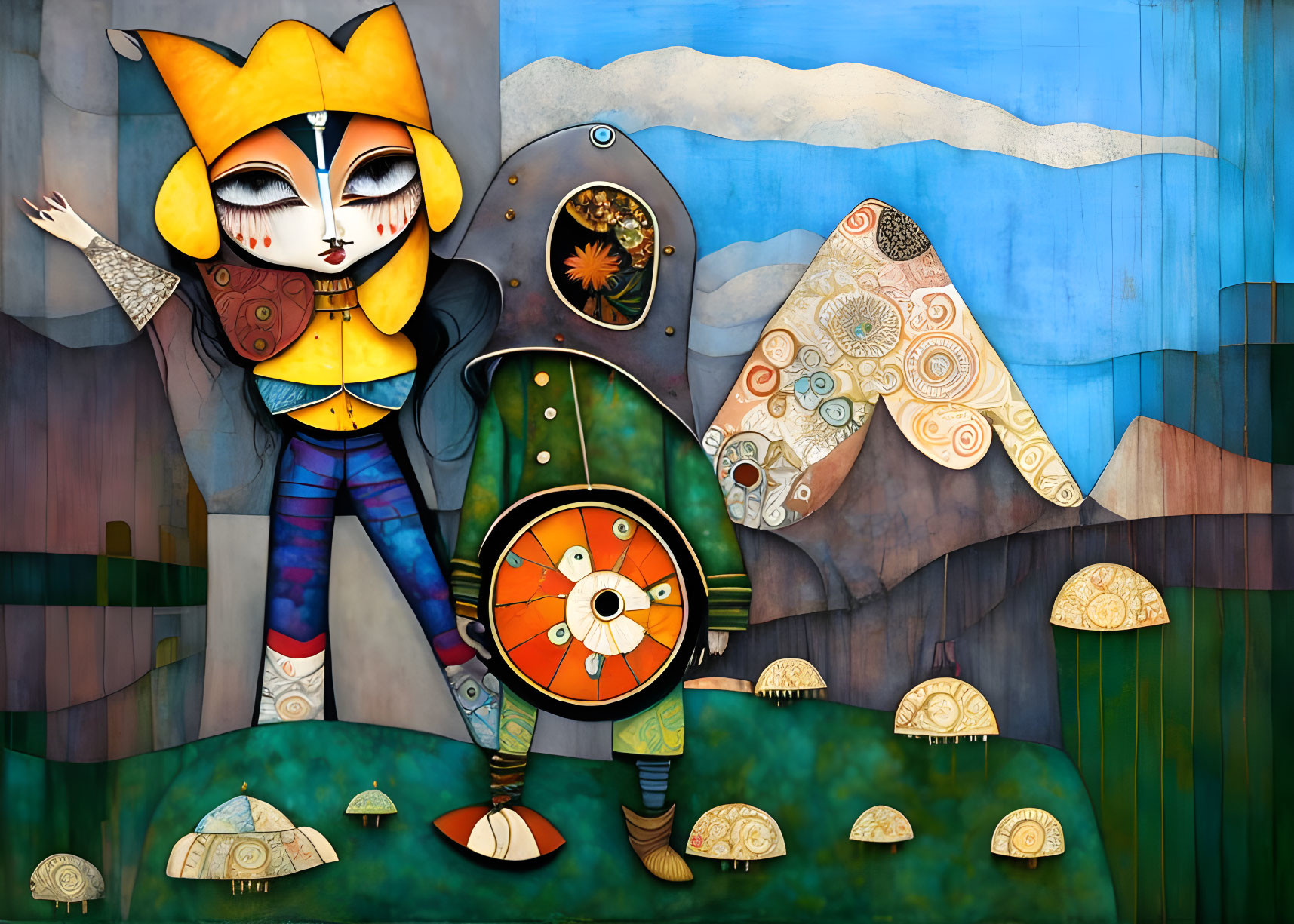 Colorful Painting: Humanoid Figure with Fox Features in Whimsical Landscape