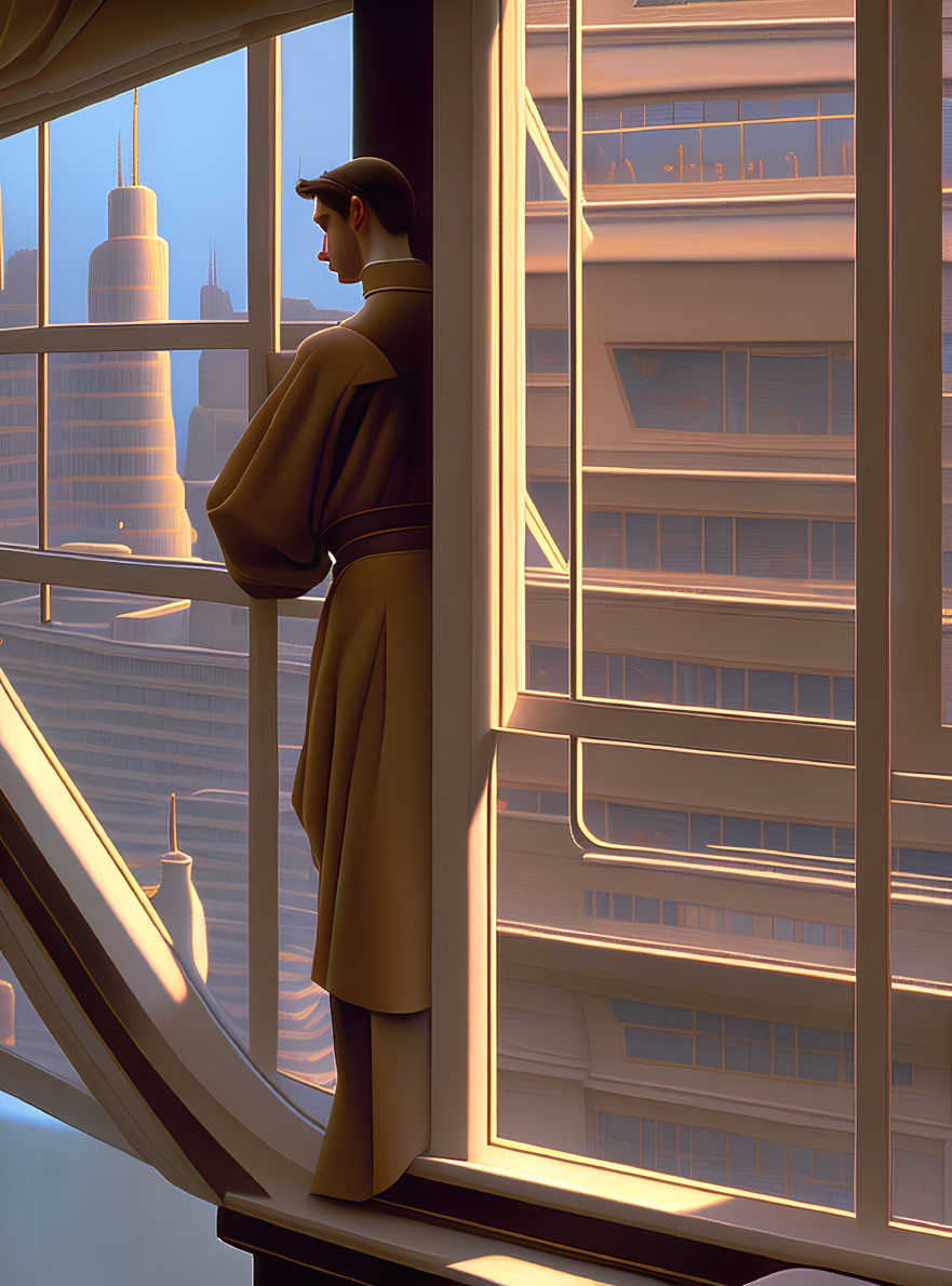 Stylized illustration of man in tan coat gazing at cityscape sunset