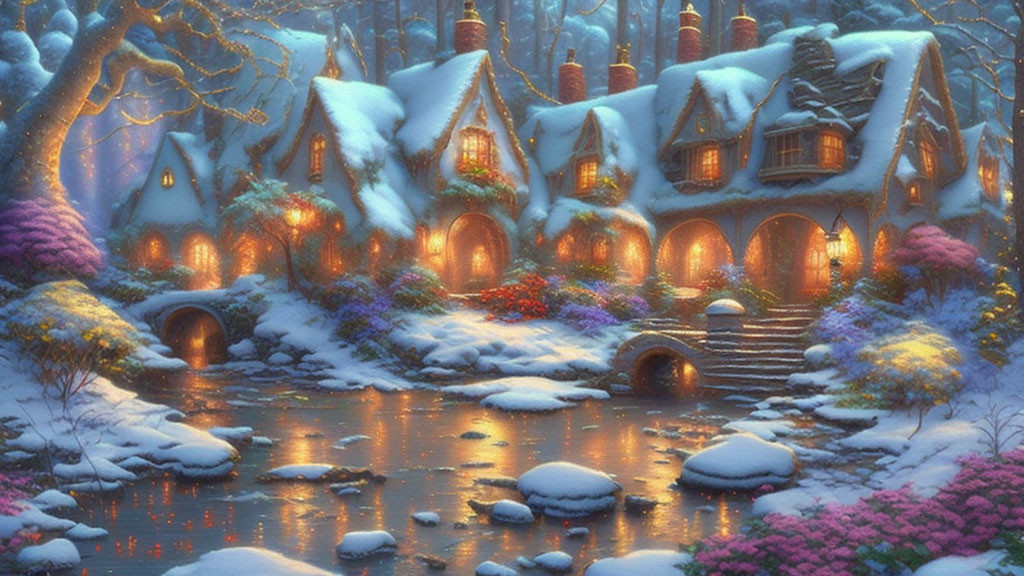 Snowy landscape with illuminated cottage and serene river