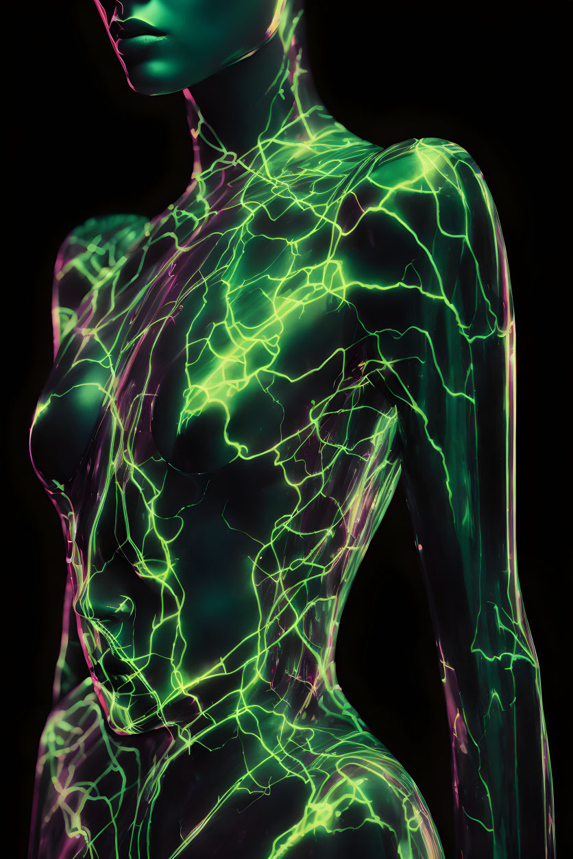 Futuristic 3D Human Figure with Neon Green Electric Patterns