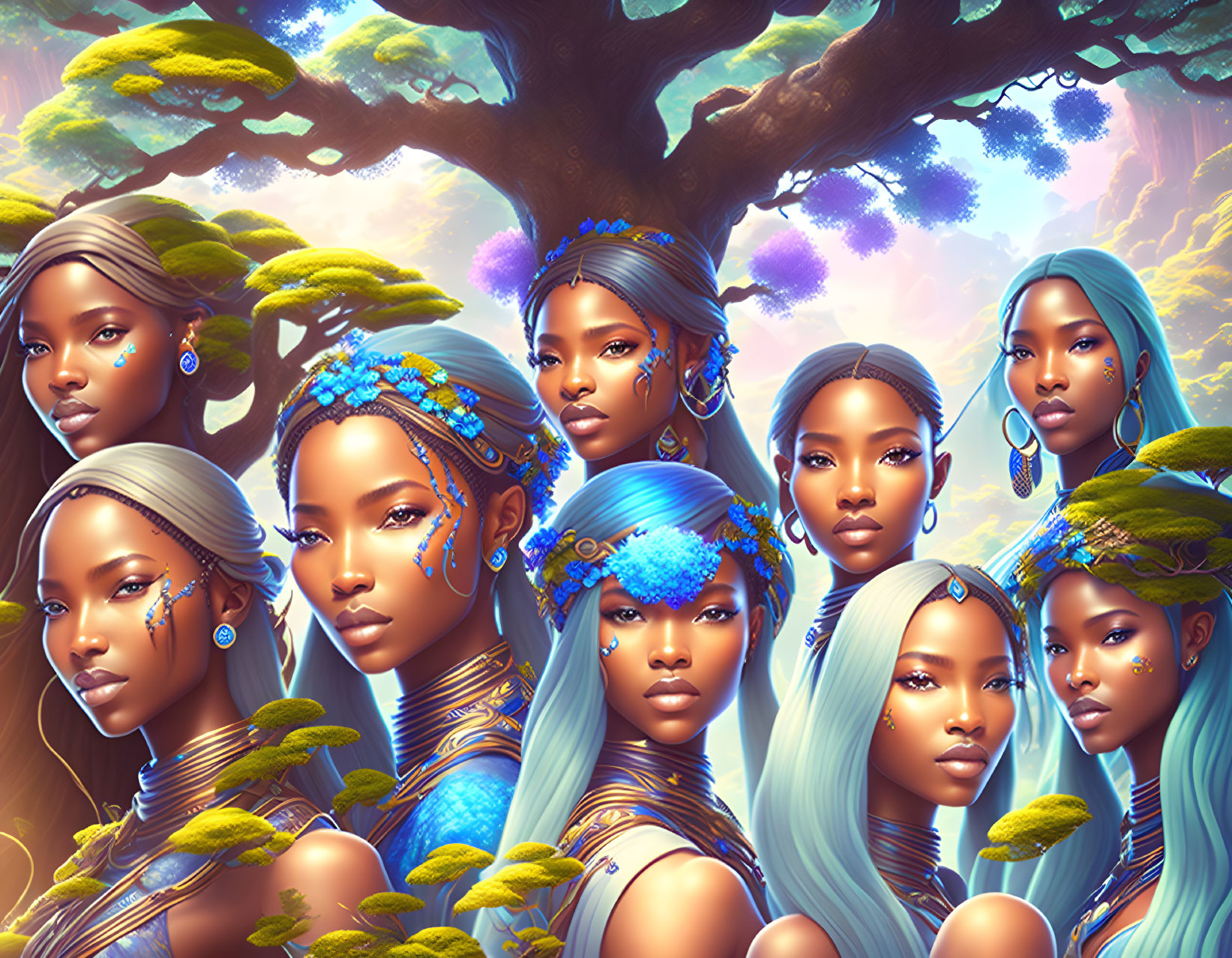 Multiple female figures with blue accessories in mystical forest setting